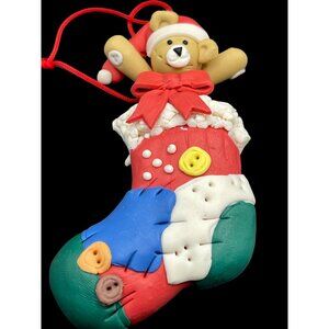 Vintage Clay Dough Christmas Stocking Ornament With Teddy Bear Design